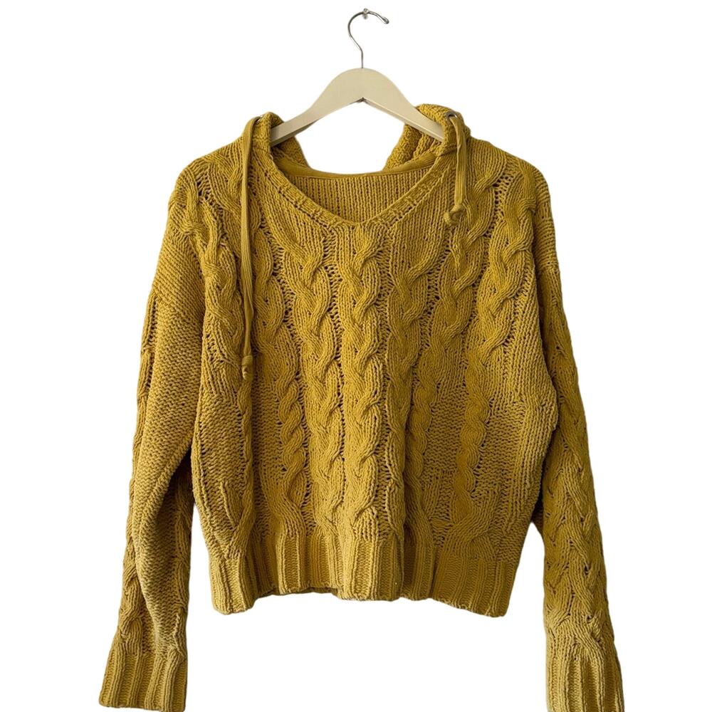 Chartreuse Green Cable Knit Crop Hoodie Sparkle Metallic Thread Sweater Medium